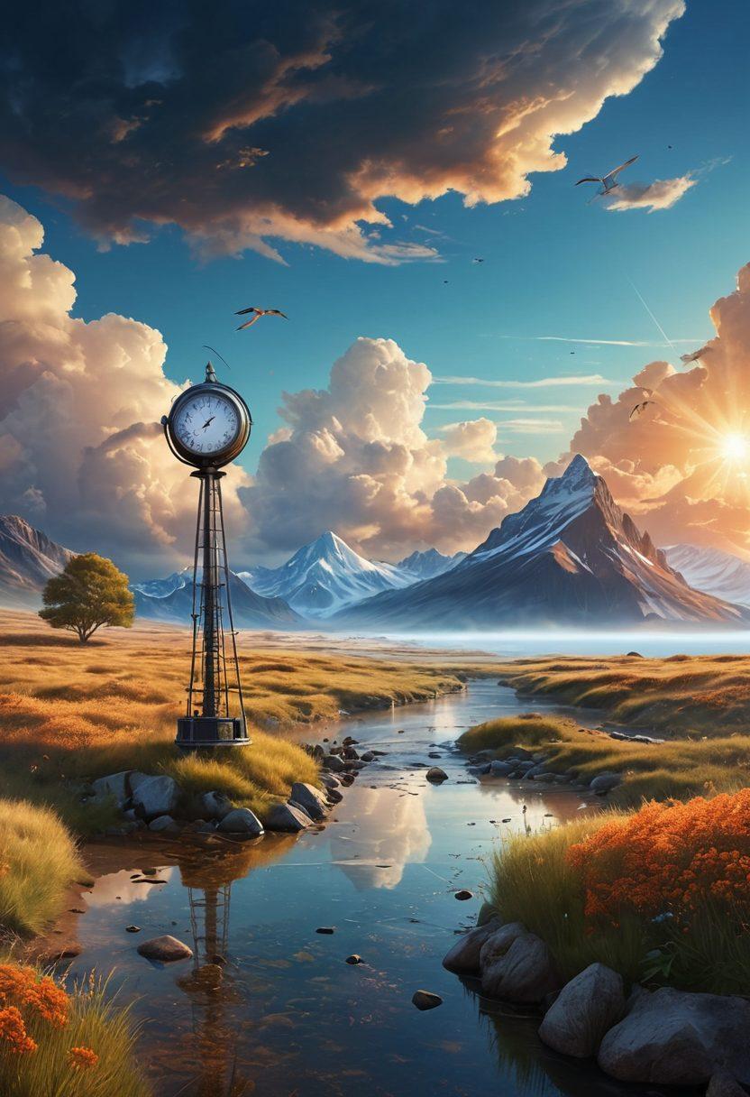An intricate, multi-layered illustration showcasing various atmospheric tools like barometers, anemometers, and thermometers against a vibrant backdrop of shifting weather patterns, with icons representing climate trends such as rising temperatures and extreme weather events. Include a mix of earthy and sky blue tones to symbolize earth and atmosphere. super-realistic. vibrant colors. 3D.