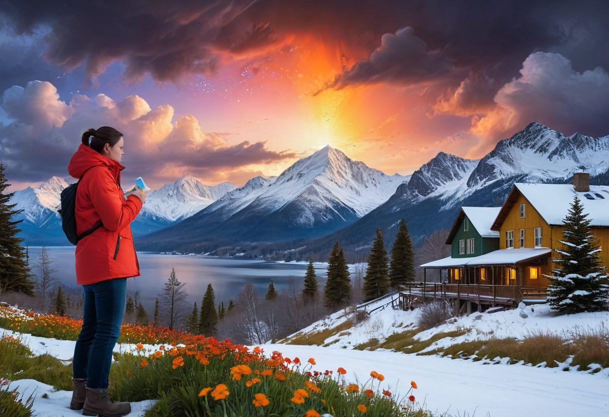 A serene landscape showcasing diverse weather elements: a sunny side with blooming flowers, a rainy side with dark clouds and raindrops, and a snowy mountain in the background. Include a person happily observing a weather chart, surrounded by colorful weather icons like suns, clouds, and snowflakes. Emphasize the contrast of climate conditions while evoking a sense of discovery and understanding. super-realistic. vibrant colors. dynamic composition.